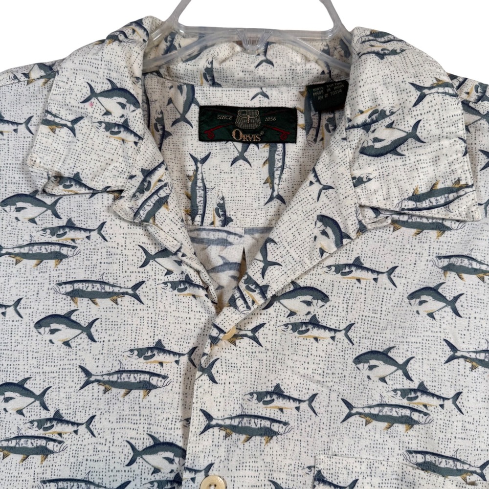 Orvis Fish Print Shirt Men Large Cream Short Sleeve Cotton Camp Collar Fishing